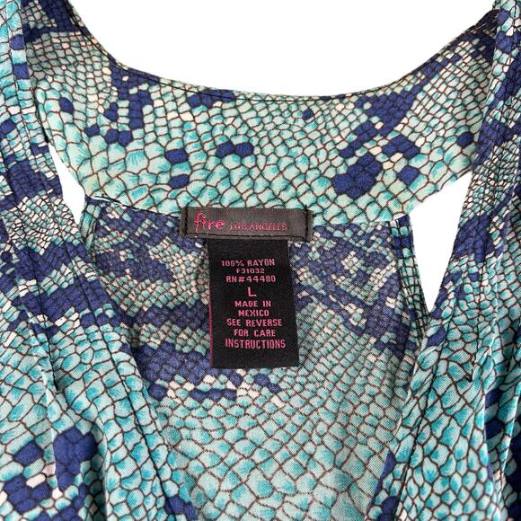 Fire Los Angeles Dress Women Size Large Blue & Turquoise Animal Scales Boho Mini - Picture 8 of 11